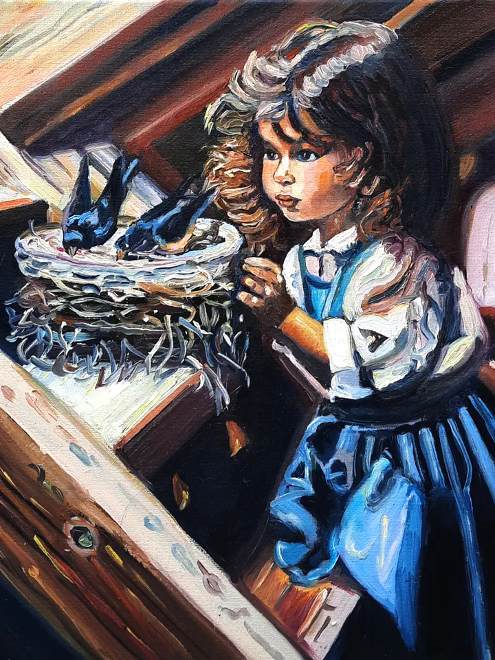 Girl with birds Original Oil Painting Oil on canvas 12*12