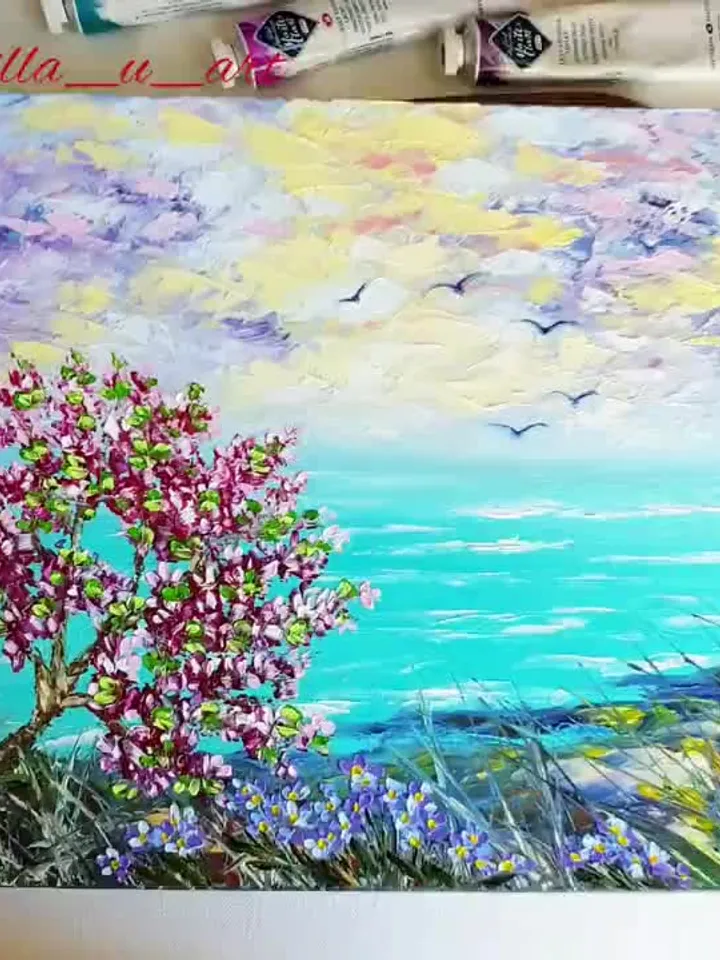 Seascape Painting Tree Original Art Landscape Wall Art Impasto Oil Painting