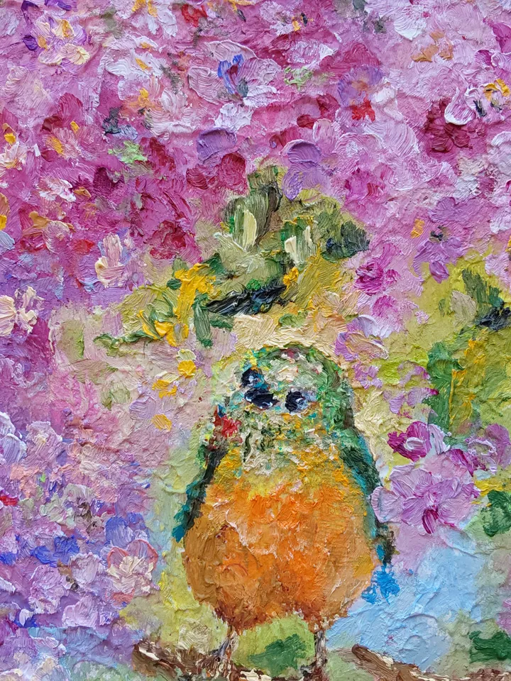 "Spring. Bird talk" oil painting on textured canvas 50x50cm (20x20 inches).