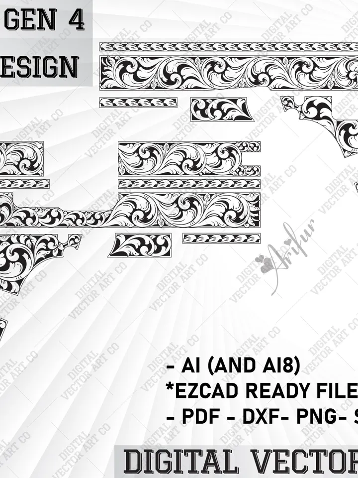 Glock 19 gen 4 scroll design,laser svg file,glock svg,ornamental,svg art work,scroll design,metal svg,laser engraving,firearms svg,laser cut