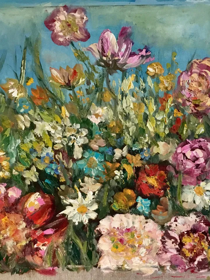 Colourful flowers original oil painting on unstretched canvas,field flowers painting,meadows painting,wild flowers wall art,flowers decor.