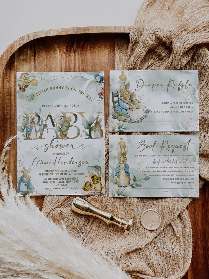 Classic Peter Rabbit Baby Shower Invitation Suite; Neutral Baby Shower Bundle Template; Peter Rabbit Baby Shower Invite; pr4