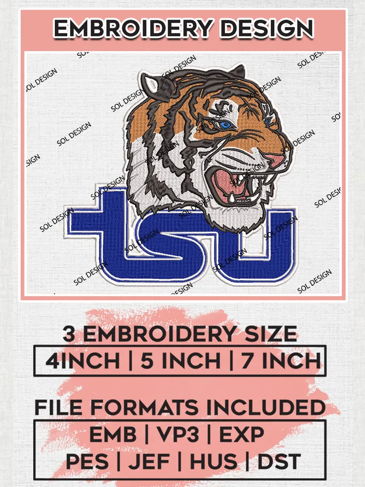 NCAA TSU Football Team Logo Embroidery Design Files, NCAA Tennessee State Tigers Machine Embroidery, NCAA Teams, 3 sizes, NCAA Machine embroidery designs, Digital Download