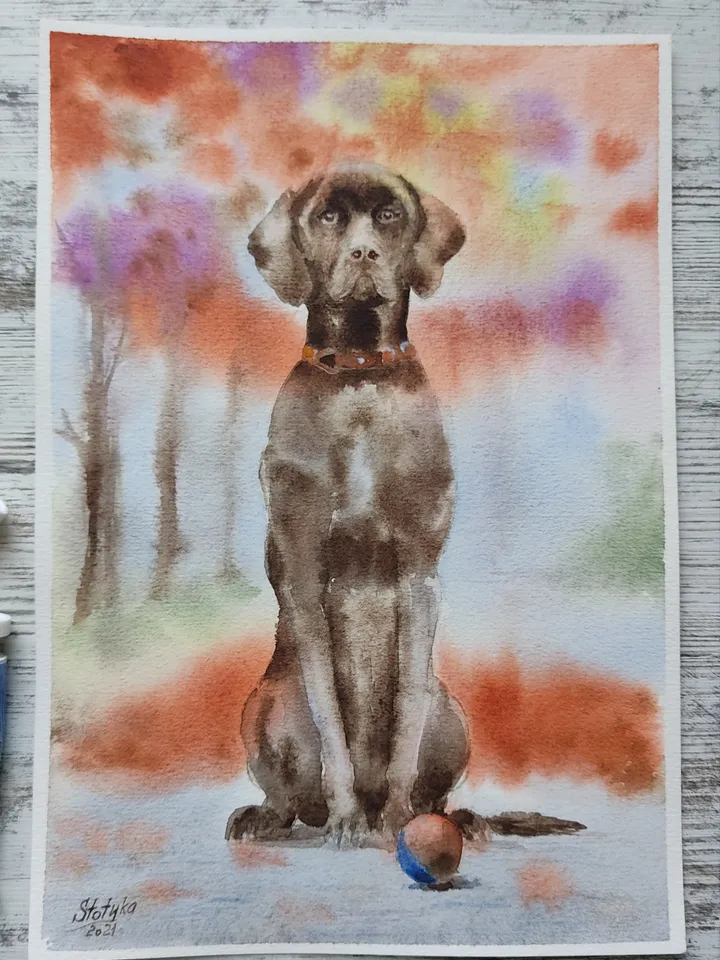 Walking with the dog. Original watercolor painting.
