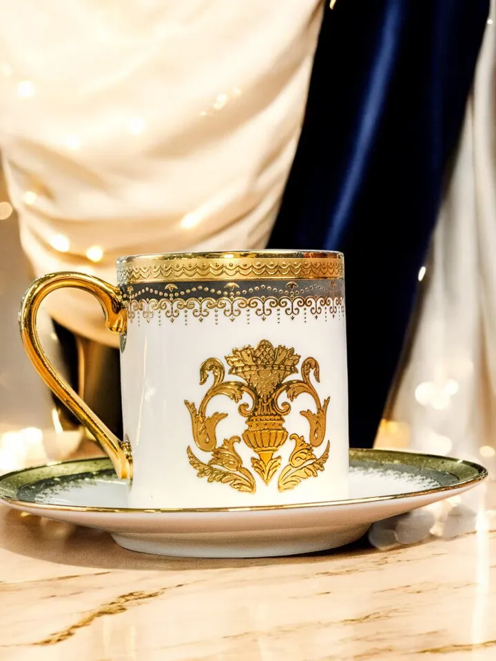 14K Genuine Gold Powder Porcelain Tea Cups And Saucers | Tea Cups Saucers Set | Gold Porcelain Set | Elegant Teaware | Gift For Tea Lovers