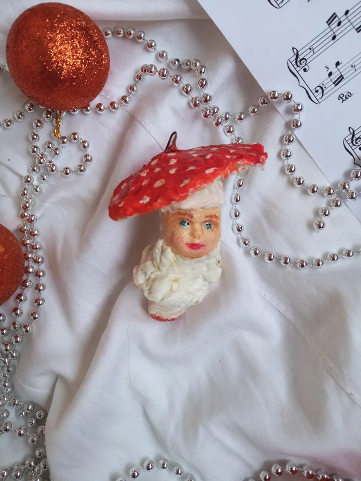 Fairytale fly agaric mushrooms with people - magical Christmas decor or home decor indoor
Christmas tree toy. Amanita mushrooms