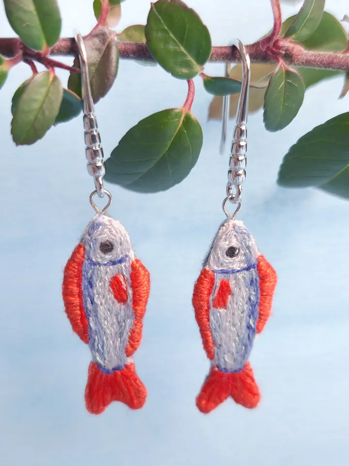Embroidered Fish Earrings, Handmade Unique Jewelry, Whimsical Handcrafted Gift, Quirky Jewelry Accessory, Original Gift for Her, Boho Design
