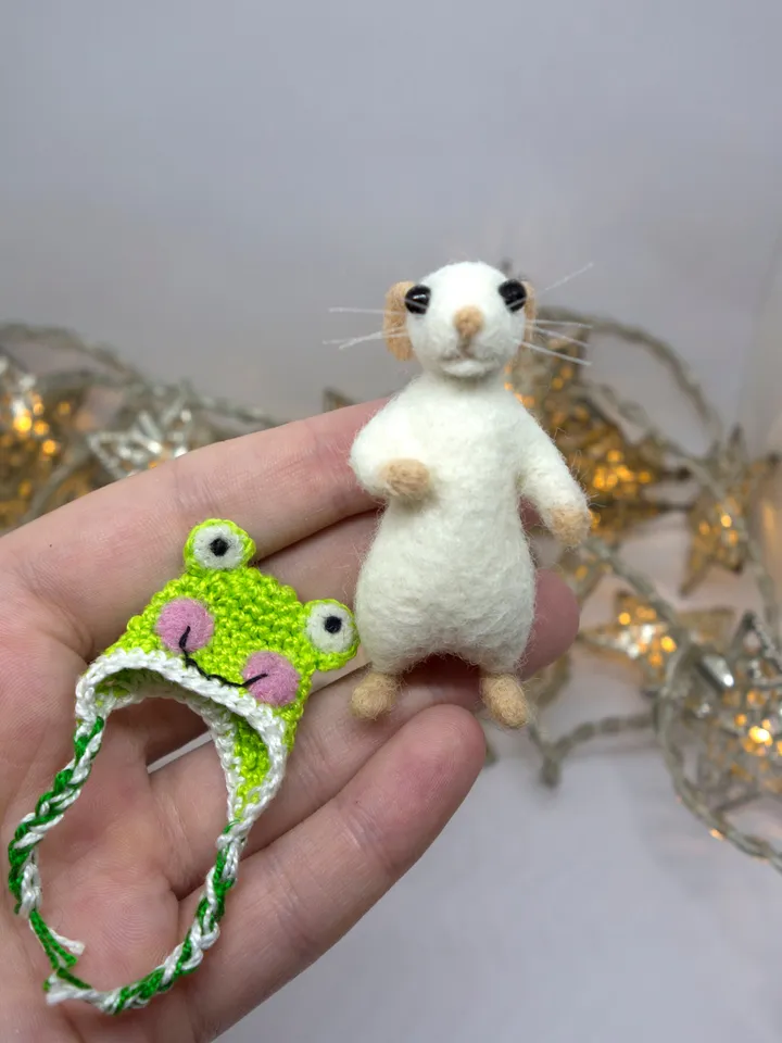 Charlie the mouse, miniature needle felted white mouse in a frog hat, made to order