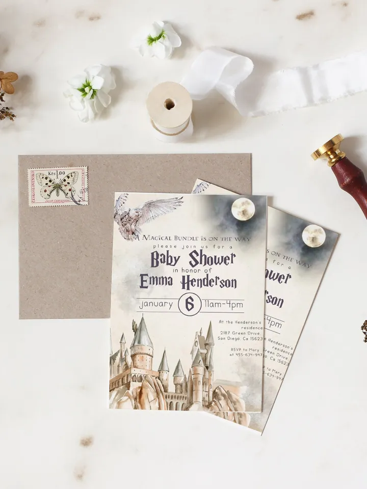 Wizard Baby Shower Invitation; Magic School Baby Schower Invite template; A Magical Bundle on the Way; Magic School Invite editable canva