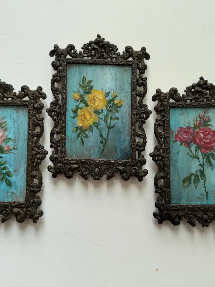Roses Oil Painting Aceo Original Painting Framed Shabby Chic Painting