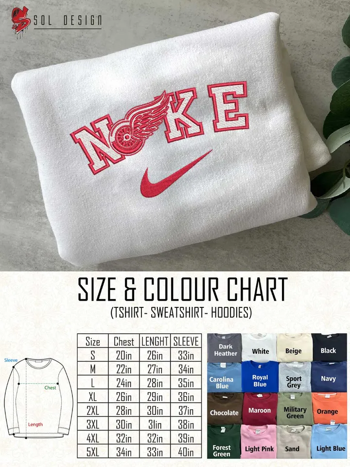 Detroit Red Wings Embroidered Sweatshirt, NHL Red Wings Embroidered T Shirt, NHL Embroidered Sweater, NHL Detroit Red Wings Shirt, Hockey Embroidered Hoodie