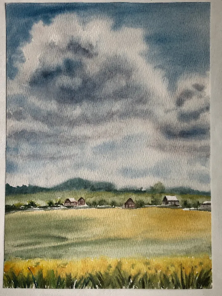 Clouds over the village landscape original watercolour painting wall art hand painted