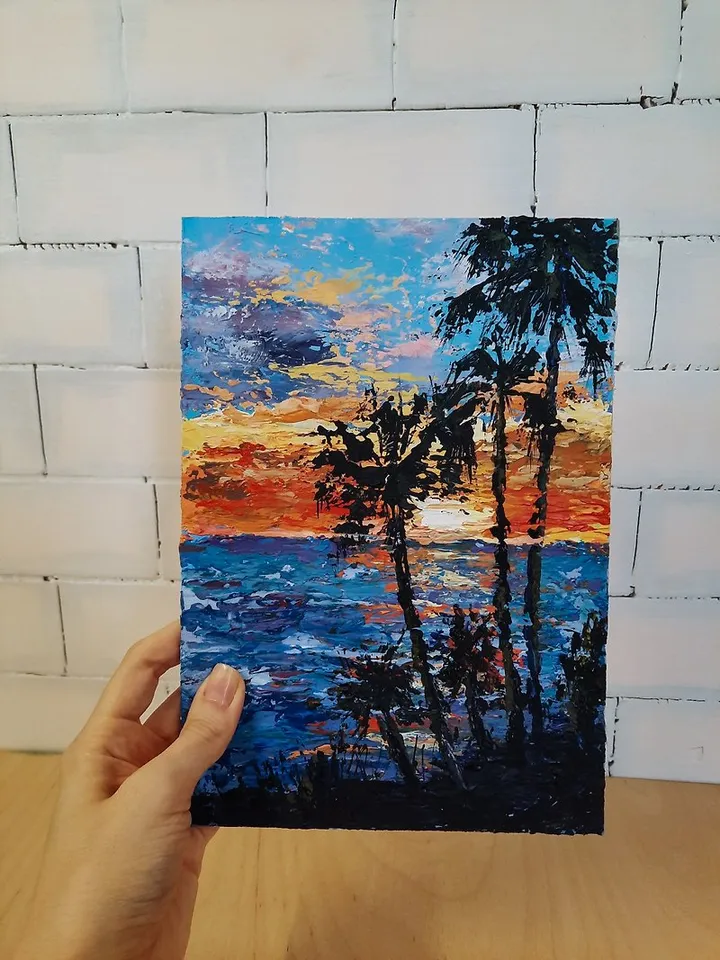 Sunset Seascape Original acrylic painting Beach painting Palm tree art Small art