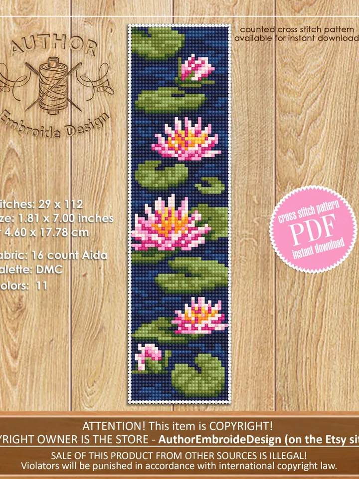 Lotus flower bookmark cross stitch pattern PDF download Water lily cross stitch chart Floral bookmark pattern digital PDF for beginner #B471
