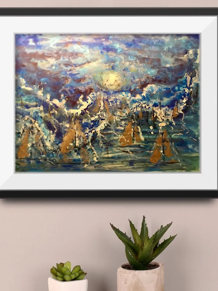 Moonlight boats,original mix media painting on yupo paper,fantasy artwork,gift,home decoration modern art