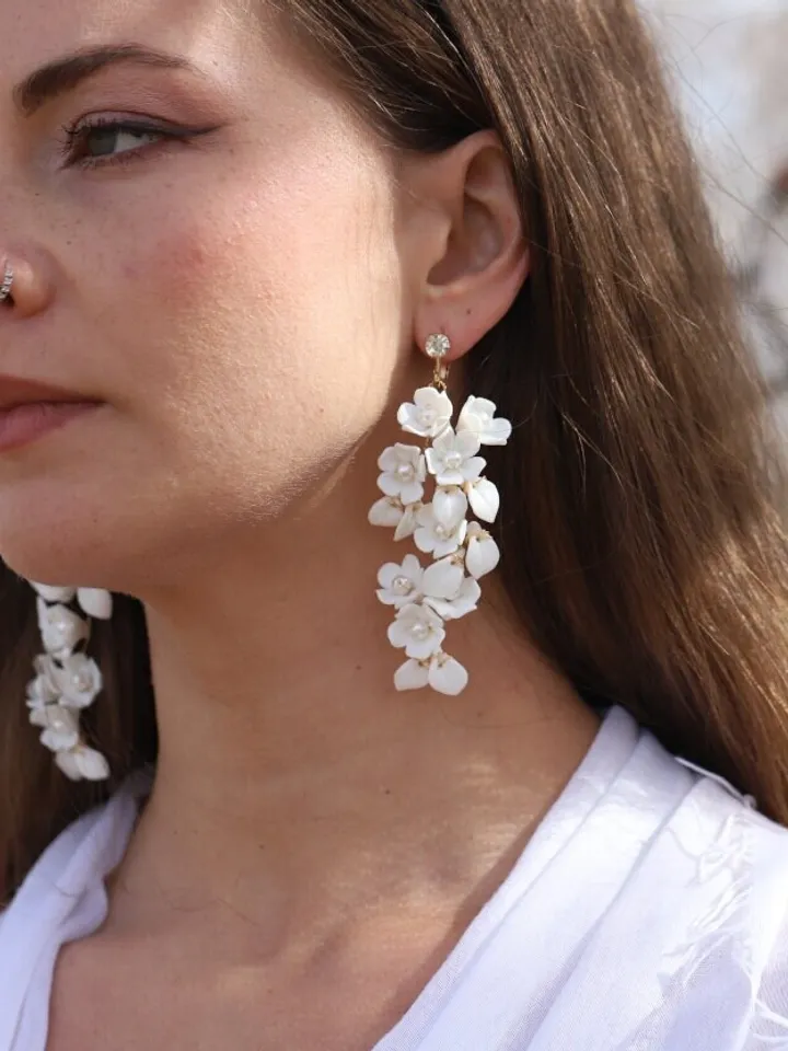 AVRIL , Delicate Pocelain Flowers and Leaves Boho Statement Wedding Earrings, Floral Bohemian Bridal Earrings, Leaf Wedding Earrings