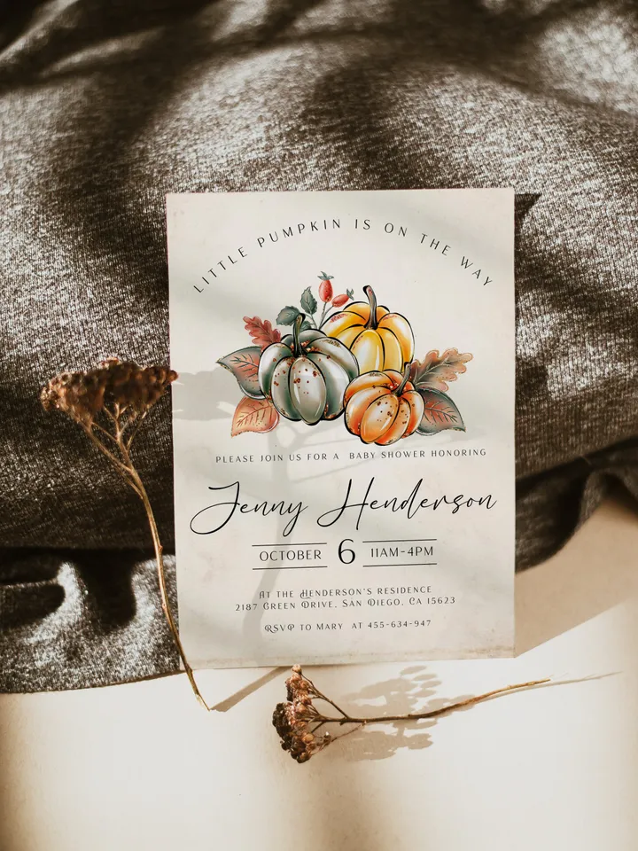 Little Pumpkin is on the way; Editable Autumn Pumpkin Baby Shower Invitation Template Canva; Fall 2022 Autumn Watercolor Pumpkin Invitation