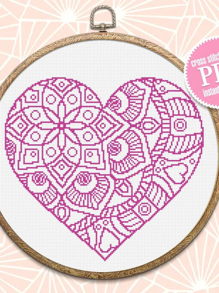 Heart mandala cross stitch pattern download PDF, Mandala heart shaped digital PDF, Heart ornament cross stitch chart, Valentine's Day #M73