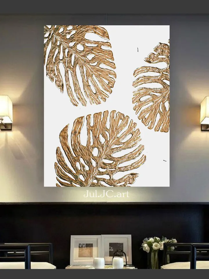 Gold Monstera leaves Painting White and Gold Abstract Wall Art | Botanical Original Art Modern artwork