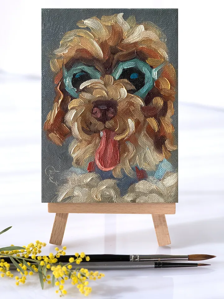 Dog oil painting original, Pet portrait artwork, Animal miniature wall art 4x6