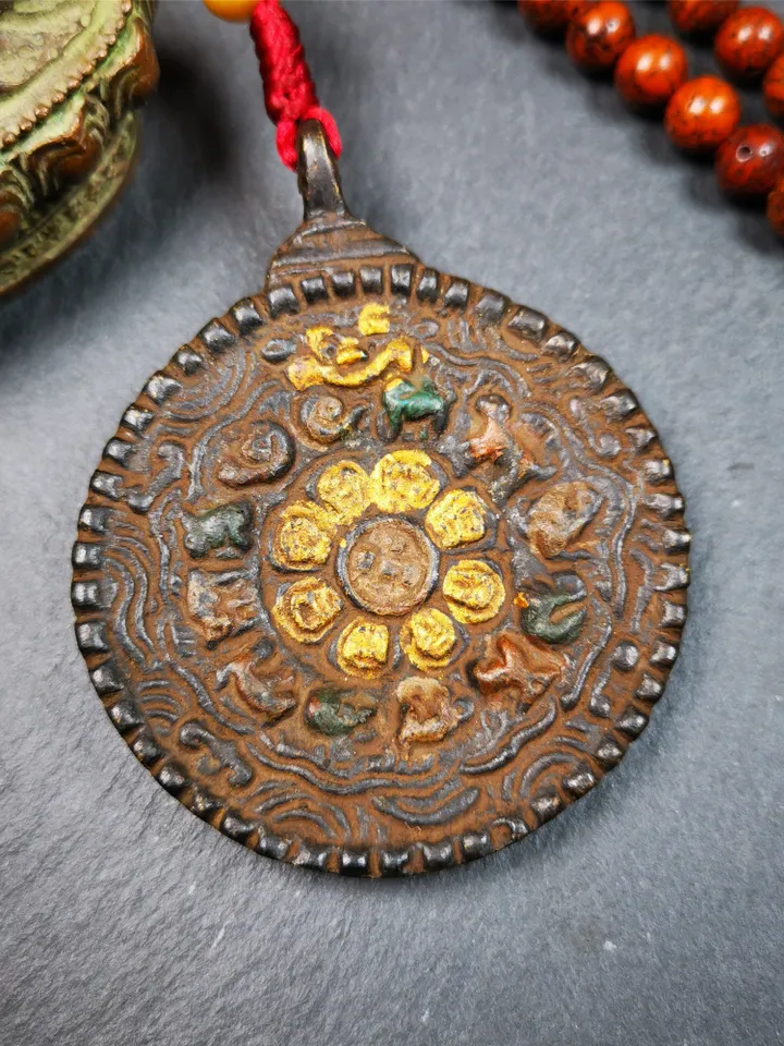 Gandhanra Vintage Tibetan Buddhist Calendar Badge, Black Dakini,Troma Nagmo Melong Mirror, SIPAHO Amulet(srid pa ho),Made of Thokcha,2.2"