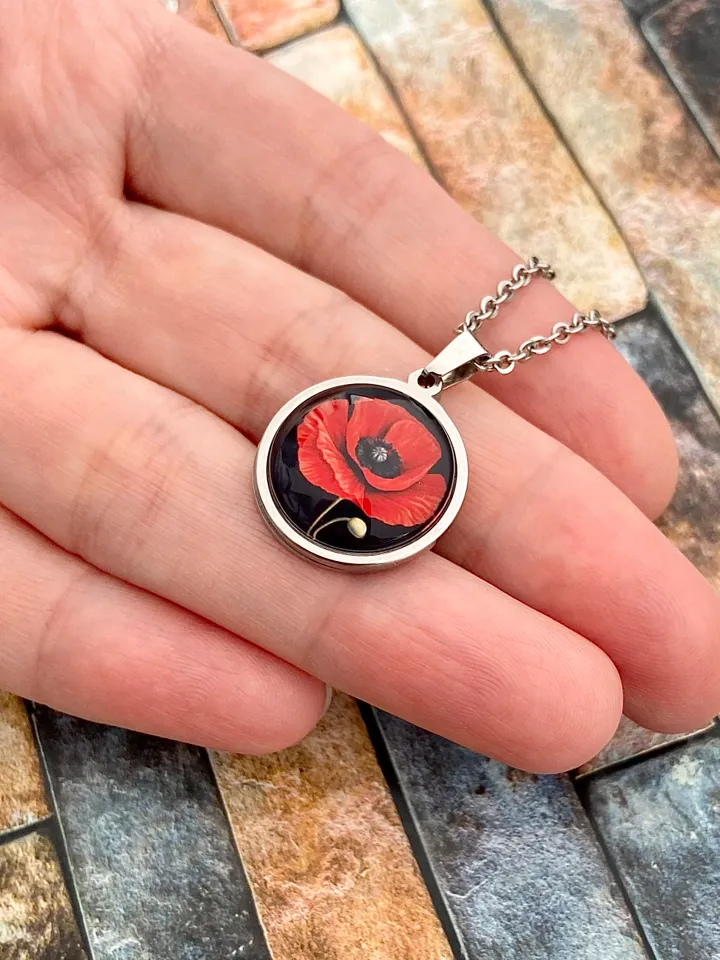 Red poppy flower necklace, steel pendant with glass