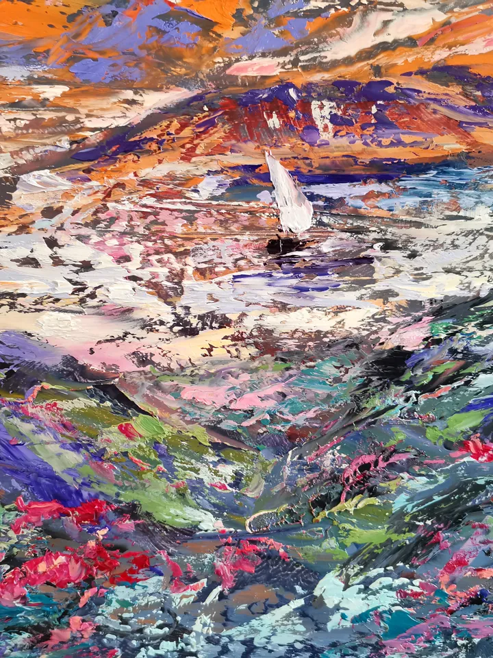 Sailboat Mountain Flowers Sunset Original Art Oil Painting Artist Svinar Oksana
