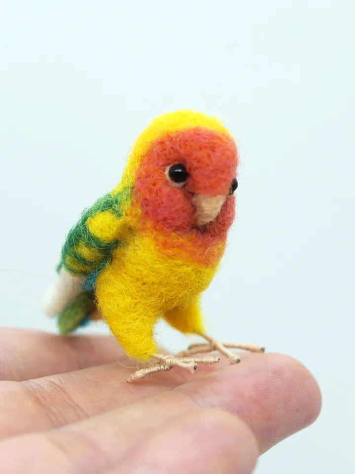 Miniature needle felted lovebird, tiny parakeet, pet portrait, peach faced lovebird, made to order