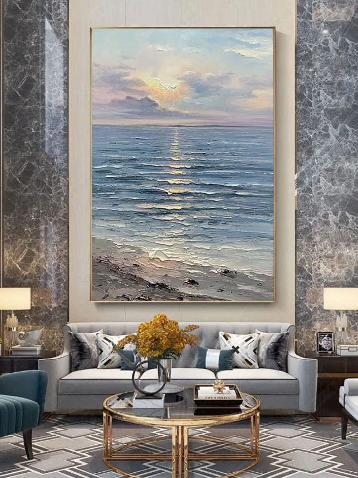 Original Oil Painting on Canvas Sea Landscape Painting,Large Wall Sky Sea Painting,Sea Level Painting Of Sunrise Landscape Large Wall Art