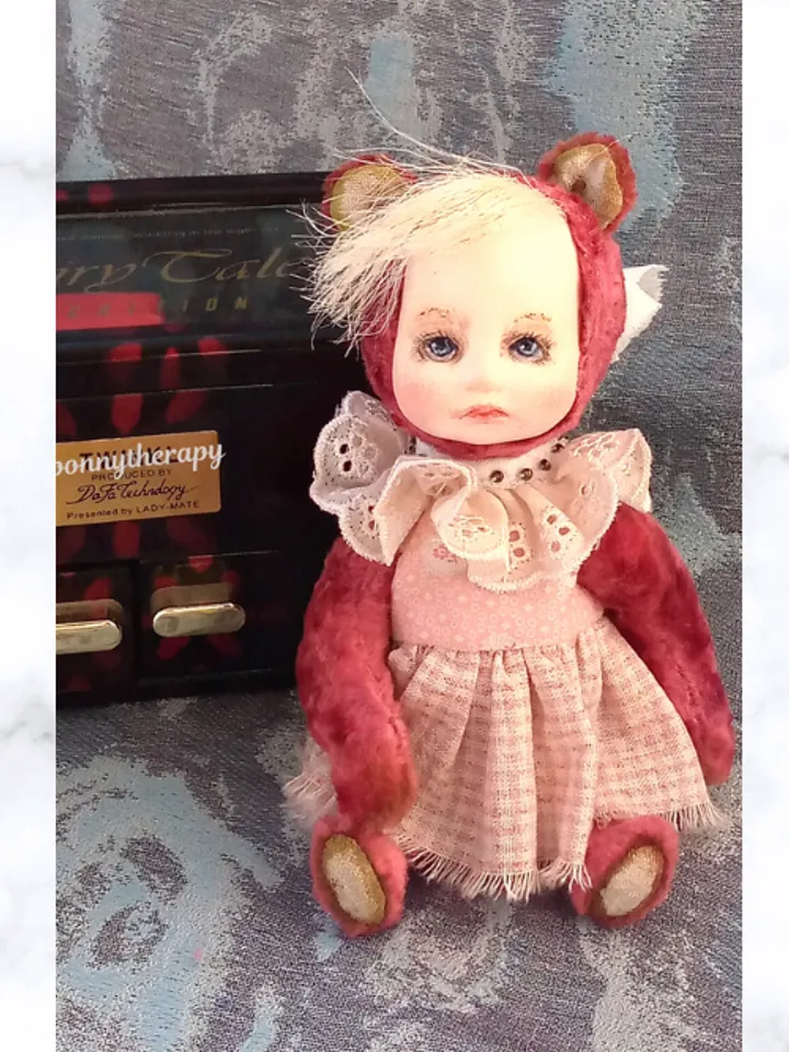 Little designer doll height 5.5 inches sitting, handmade in teddy doll style.