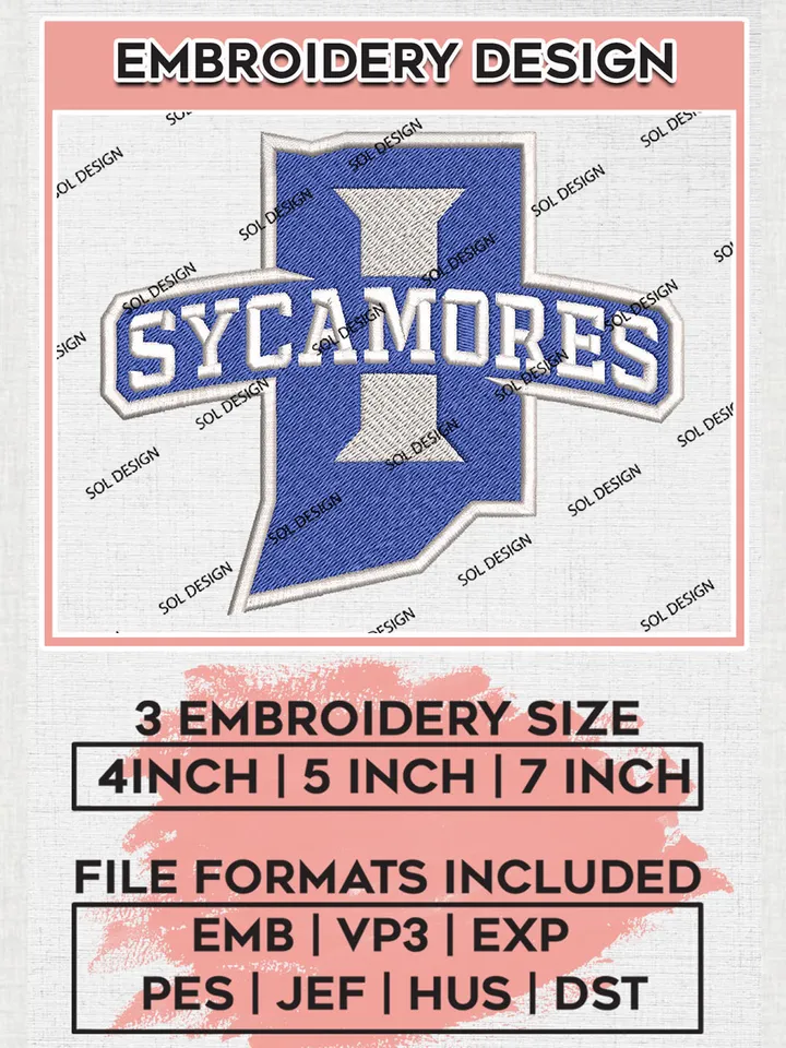 Indiana State Sycamores Logo Machine Embroidery Design, NCAA Indiana State Sycamores Embroidery Design Design files, NCAA Embroidery Designs, NCAA Machine Embroidery Designs, Digital Download