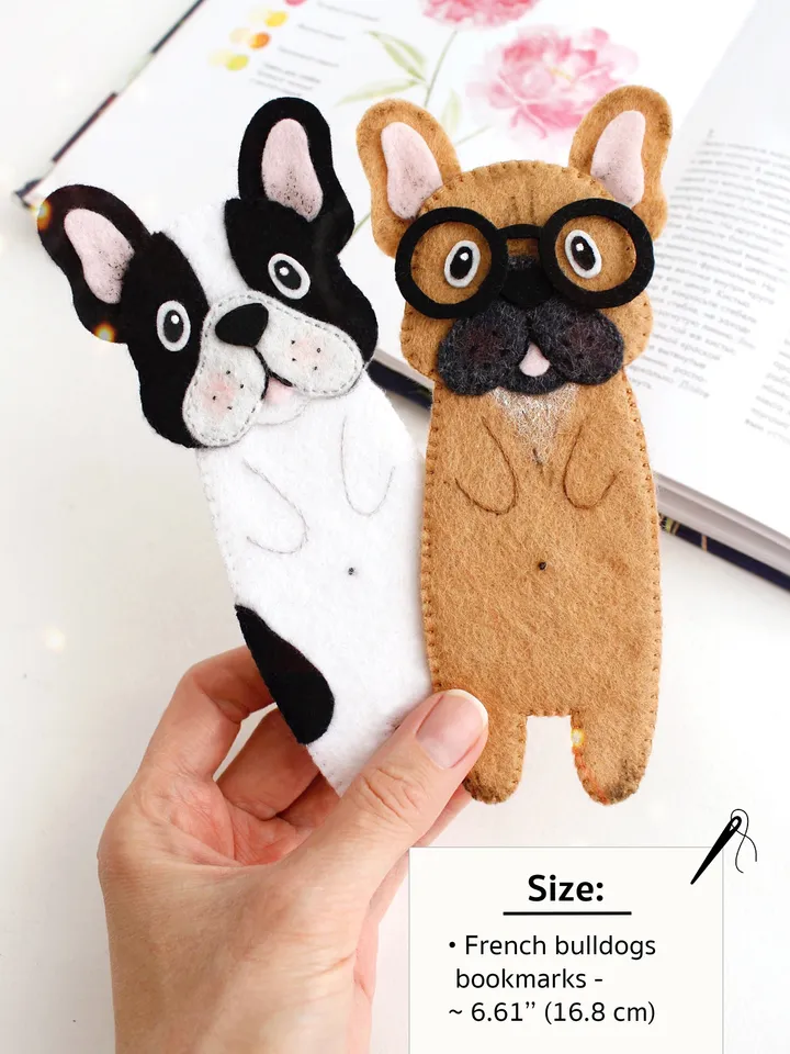 Felt long French bulldogs bookmarks hand sewing PDF tutorial with patterns. DIY dog bookmarks. Book and pets lover gift. Felt school supplies