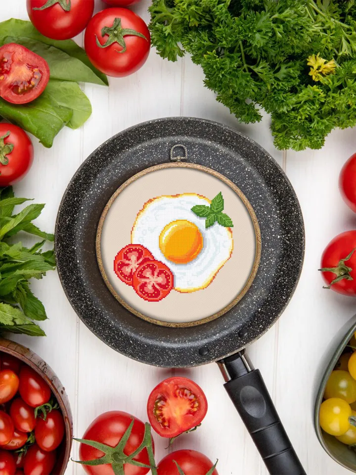 Fried egg with tomatoes cross stitch pattern PDF download Food cross stitch chart for beginners, Egg pattern digital PDF, Kitchen decor #F23