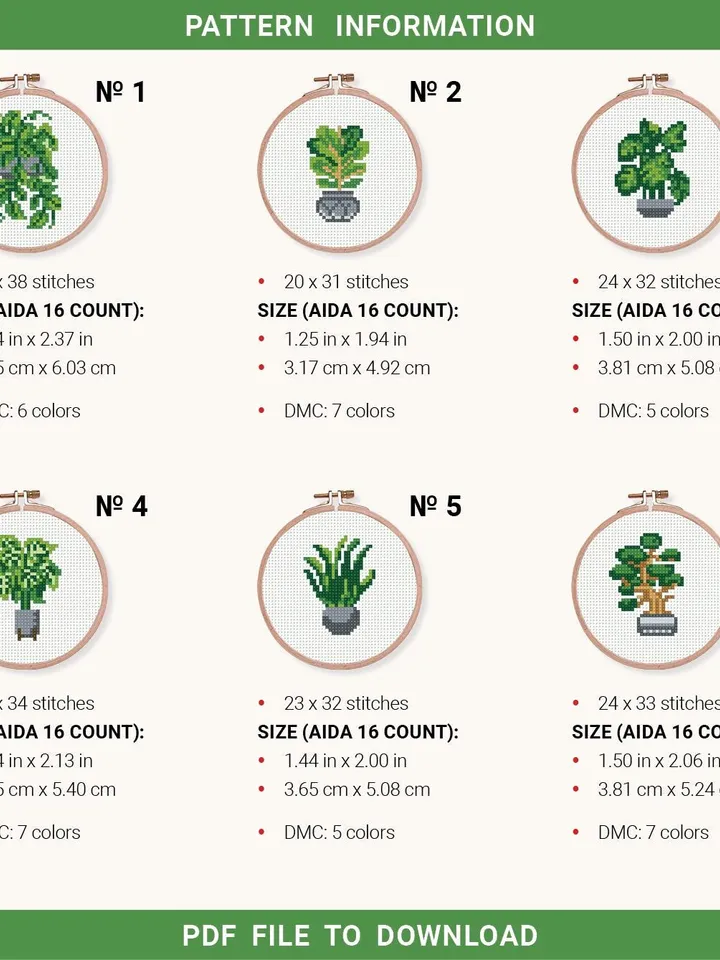 Bundle mini house plants 6 Cross stitch patterns, contemporary, Abstract, Floral, beginner, modern chart, gift DIY, embroidery, instant PDF