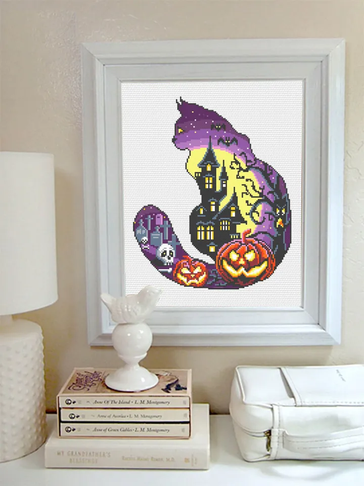 Halloween cat silhouette cross stitch pattern PDF download Haunted house cross stitch chart, Halloween pattern digital PDF, Cat lover #H17