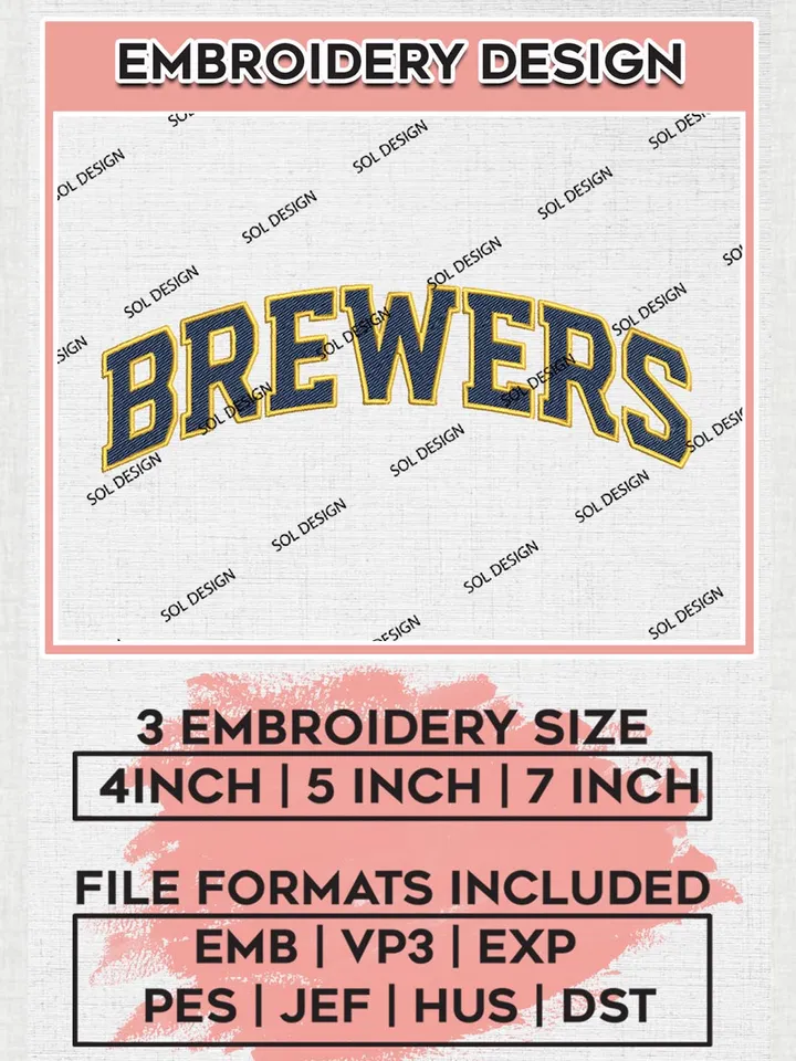 MLB Brewers Wordmark Logo Embroidery Files, MLB Milwaukee Brewers Team Embroidery, MLB Teams, 3 sizes, MLB Machine embroidery designs, Digital Download