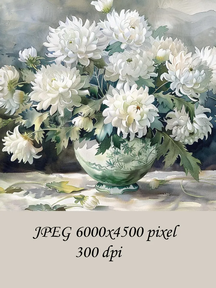 Bouquet of white chrysanthemum in a vase watercolor drawing, digital illustration, digital painting , wall art decoration. AI