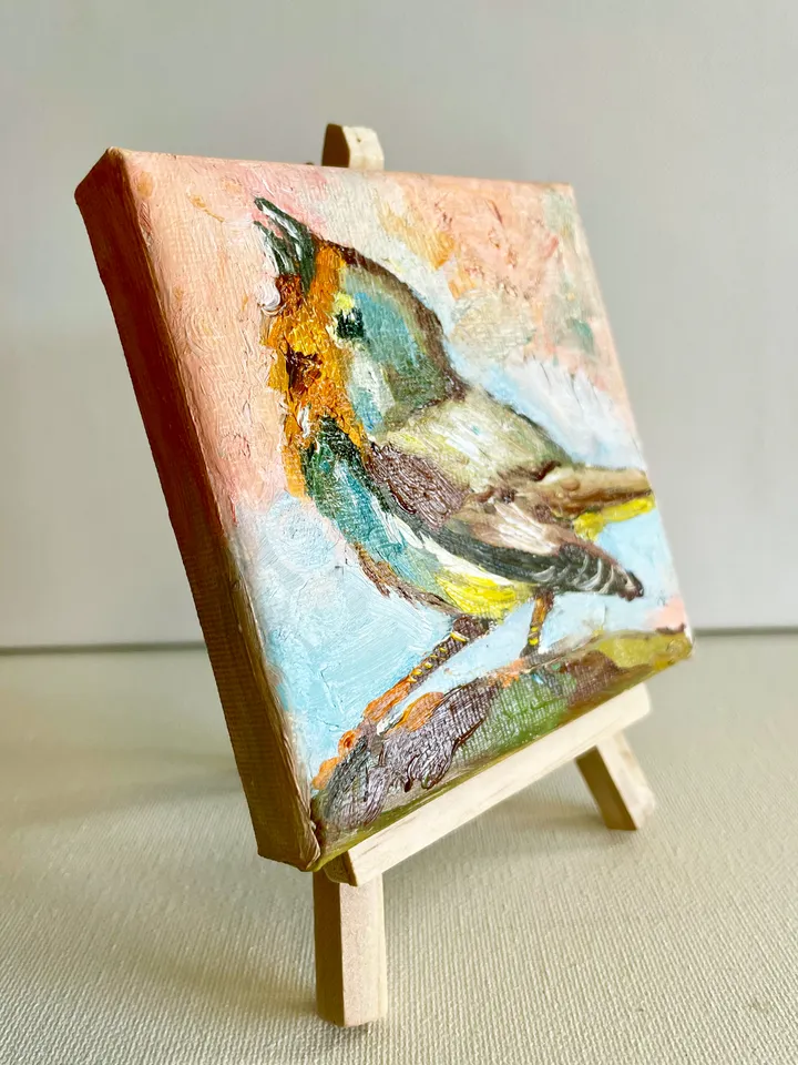Robin Painting, Original Oil painting on Canvas, Tiny Bird art painting, Miniature Artwork