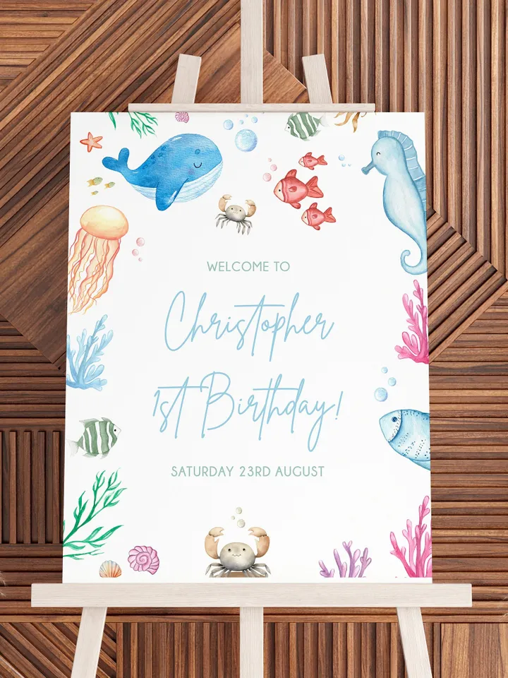 Under the Sea Welcome Sign Printable, Oneder the Sea 1st Birthday Welcome Sign Girl, Ocean Animals Birthday Welcome Sign Blue Purple I107