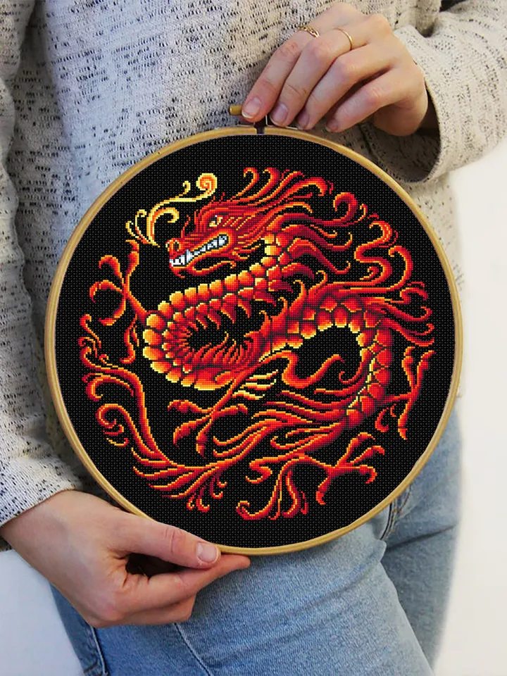 Red dragon cross stitch pattern PDF instant download Fantasy animal cross stitch chart, Dragon embroidery PDF, Chinese dragon ornament #D11