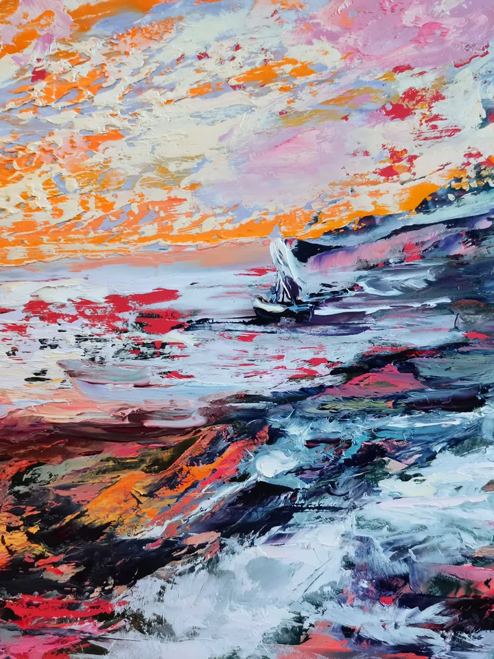 Boat Mountain Trees Flowers Sunset Original Art Oil Painting Artist Svinar Oksana
