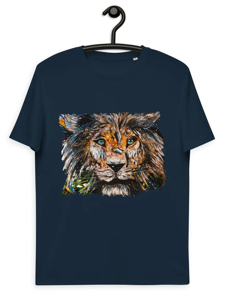 Unique design Lion Unisex organic cotton t-shirt made from  my original mix media artwork on glass,wild animals t shirts, wearable art gifts