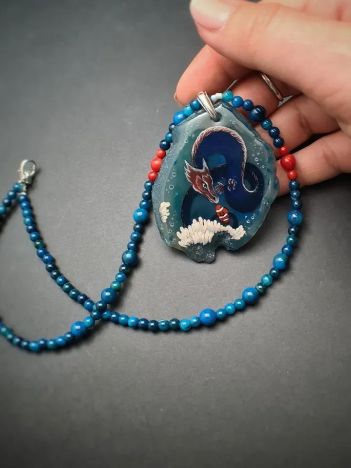 Dragon necklace Painting Agate Stone Dragon charm Christmas Gift Wrapping