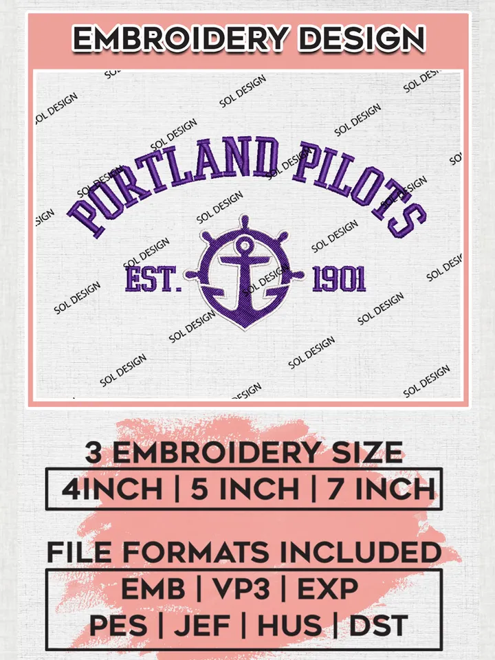 Portland Pilots Est 1901 Embroidery Designs, NCAA Portland Pilots Team Embroidery, NCAA Team Logo, 3 sizes, Machine embroidery Files, Digital Download