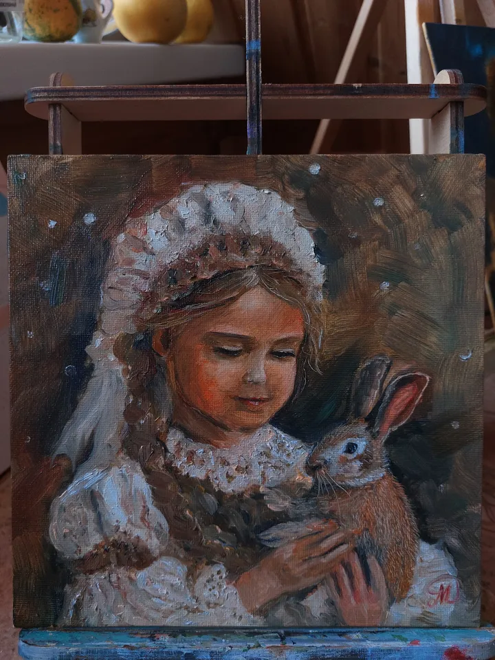 "Oil painting on canvas on cardboard: a girl with a rabbit 8x8 inc"