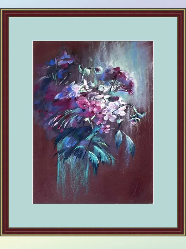 Vibrant Floral Pastel Painting on Deep Red – Original Artwork by IrenFfantasyArt