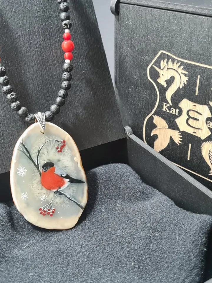 Bullfinch on a rowan branch necklace Hand painted Christmas Gift Wrapping