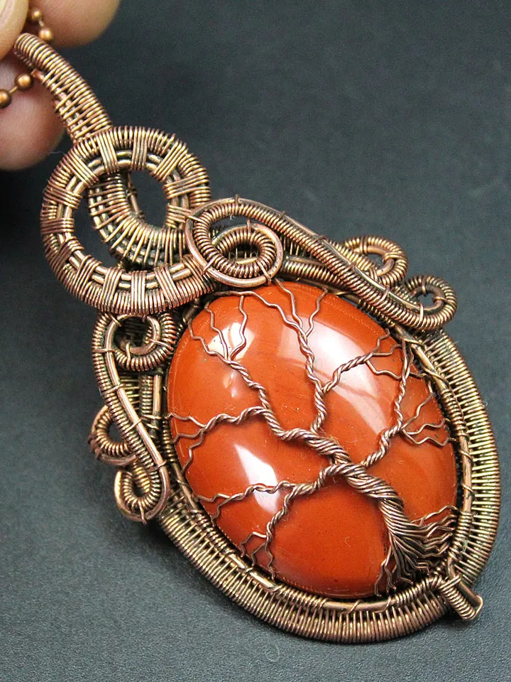 Pendant Tree of Life made of copper wire and natural stone Jasper.