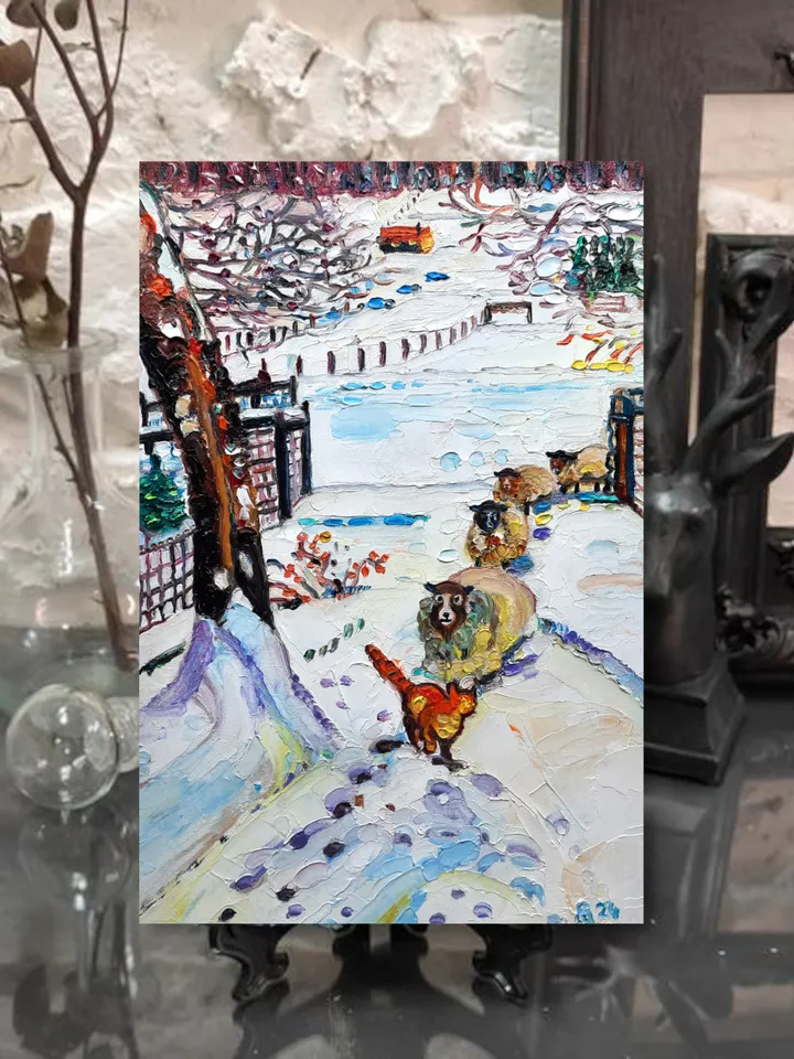 Funny Red Cat Oil Painting Impasto Artwork Oil on canvas 12*8 inc