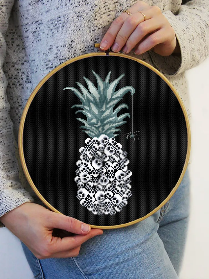 Pineapple skull cross stitch pattern download PDF Gothic cross stitch chart, Halloween skulls embroidery PDF Gothic halloween Skull art #H56